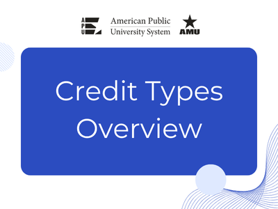 Logo in black in white with APU, American Public University, and AMU. On a blue rectangle, white words read Credit Types Overview
