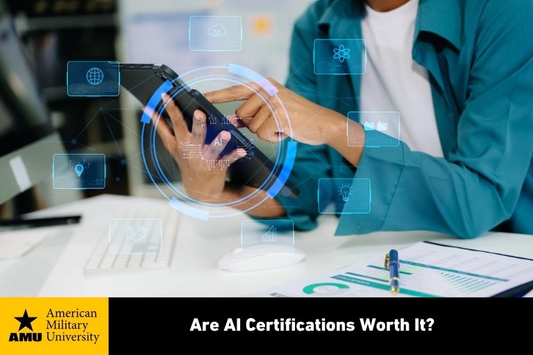 are-ai-certifications-worth-it AI certification student on tablet