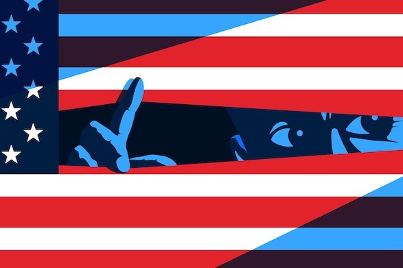 deception in intelligence man peeking through flag