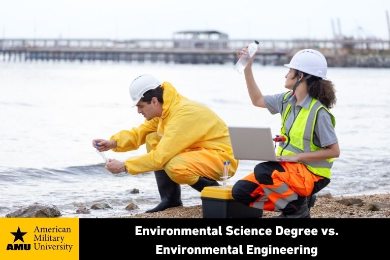 environmental scientists examining water