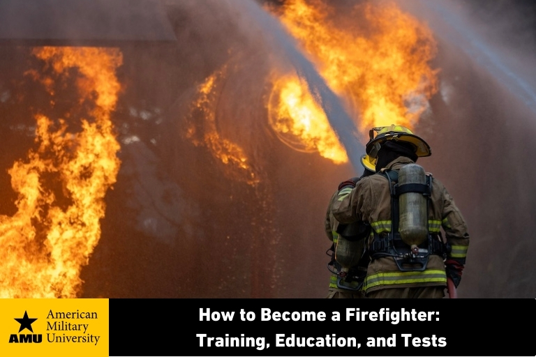 how-to-become-a-firefighter firefighter holding hose spraying water on flames