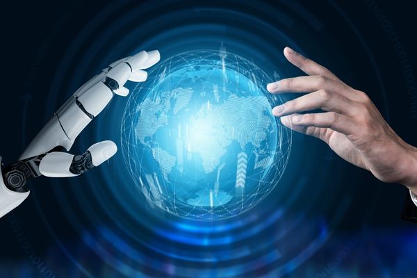 artificial intelligence depicted by robot hand and human hand touching digital globe