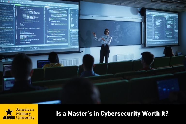 is-a-masters-in-cybersecurity-worth-it-amu master's in cybersecurity professor presenting to class