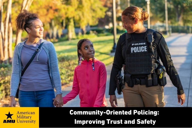 Loux AMU community-oriented policing branded community oriented police officer walking with mother and child