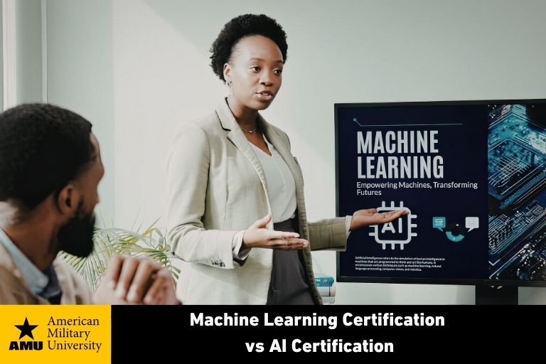 machine-learning-certification-vs-ai-certification student presenting about machine learning vs ai certification