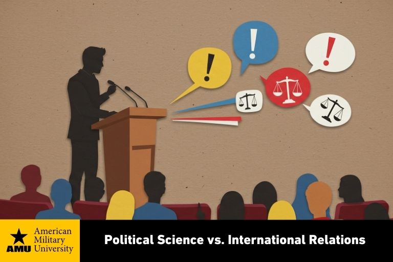 political science vs. international relations candidate debating at podium