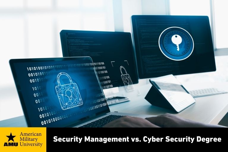 security-maagement-vs-cyber-security-degree cyber security icons on computer screen