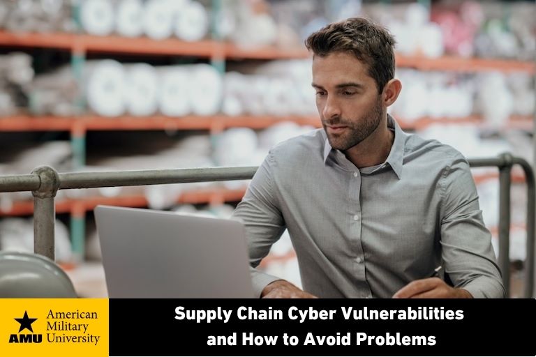 supply-chain-vulnerabilities supply chain manager sitting in warehouse on laptop
