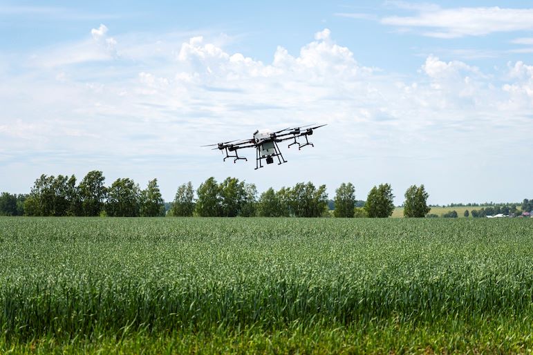 drone hovering above field