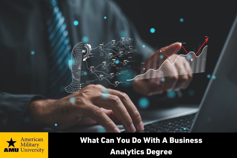 business analytics degree student working on laptop