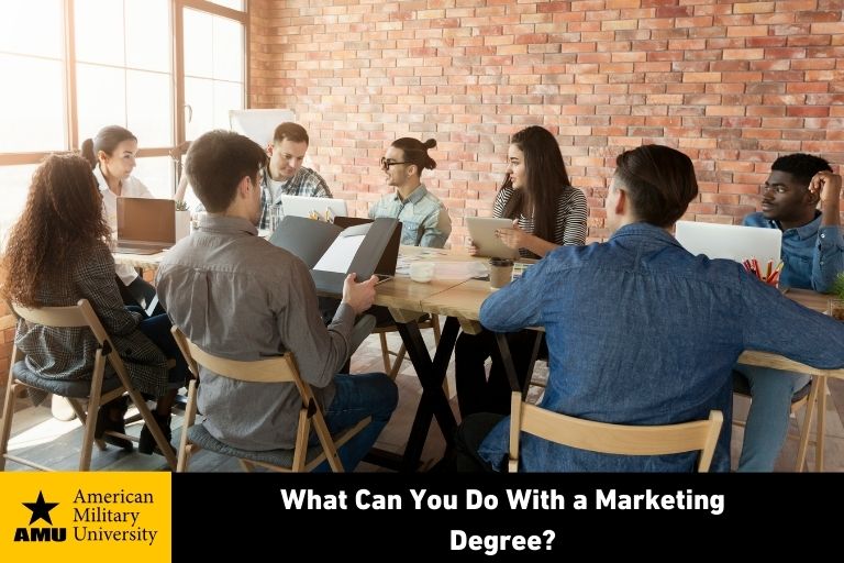 what-can-you-do-with-a-marketing-degree marketing degree graduates holding discussion in office setting