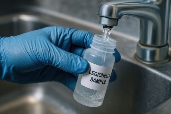 public health employee filling sample bottle with water